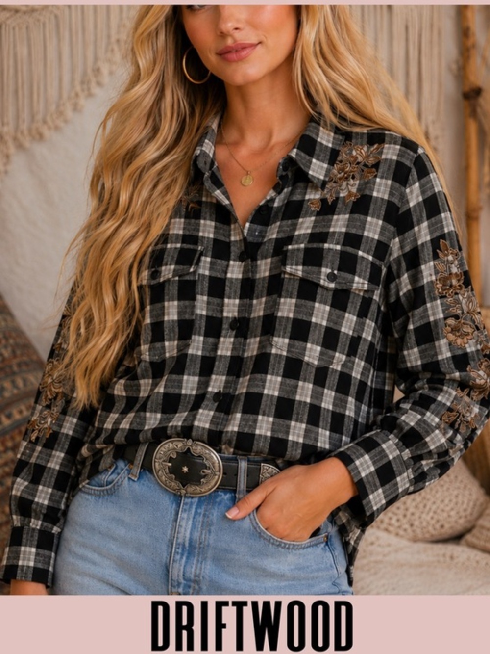 Driftwood plaid flannel shirt floral embroidery western boho